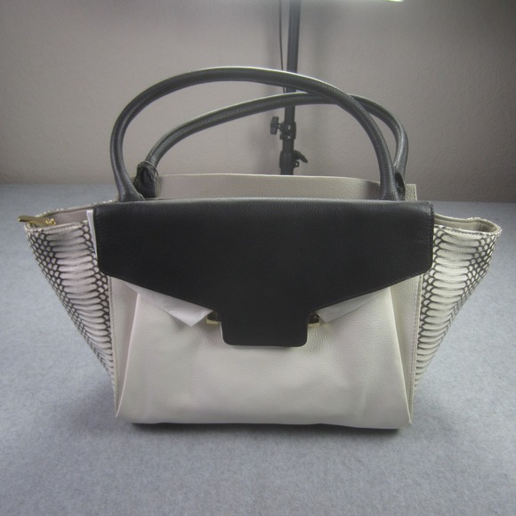 Vince Camuto Julia Satchel Handbag White Black Snake Leather Purse NWT